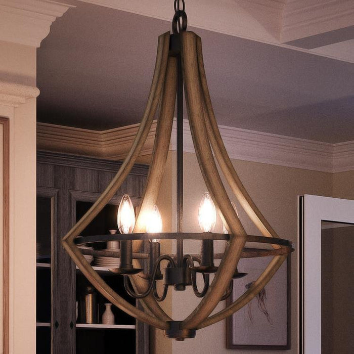 UQL2962 Farmhouse Chandelier, 24"H x 18.25"W, Wood Grain Metal with Antique Black Finish, Swansea Collection