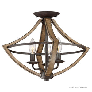 The Urban Ambiance UQL2963 Farmhouse Ceiling Light from the Swansea Collection features a wood grain metal frame with an antique black finish, measuring 12.5 inches high by 16.5 inches wide, and showcases three exposed candle-style bulbs for rustic charm.