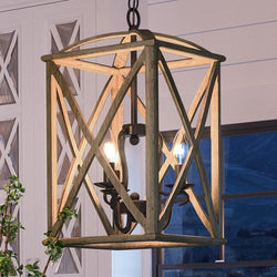 An UQL3000 Farmhouse Chandelier, 20"H x 12.5"W, Wood Grain Metal with Antique Black Finish, Barnsley Collection lighting fixture with a wooden frame by Urban
