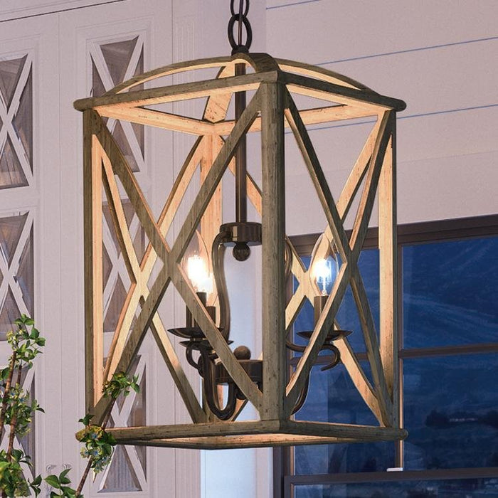 UQL3000 Farmhouse Chandelier, 20"H x 12.5"W, Wood Grain Metal with Antique Black Finish, Barnsley Collection