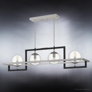 The UQL3241 Minimalist Chandelier from the Odessa Collection by Urban Ambiance features a geometric rectangular design with four exposed bulbs housed within glass globes. Measuring 10.5 inches high by 40 inches wide, this modern fixture is crafted with a natural black metal frame and is suspended from a ceiling mount, creating an elegant silhouette against any backdrop.