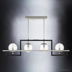 The UQL3241 Minimalist Chandelier from the Odessa Collection by Urban Ambiance features four clear glass globe lights on a sleek black steel frame, measuring 10.5″ high by 40″ wide. Suspended from a ceiling mount against a gradient background, this striking geometric fixture in a natural black finish is an ideal choice for contemporary interiors.