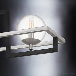 The UQL3241 Minimalist Chandelier from Urban Ambiance’s Odessa Collection features a modern geometric design with a round glass globe, striking metal frame in a natural black finish, and a visible bulb within—delivering the sleek appeal of contemporary black steel lighting in a 10.5-inch-high by 40-inch-wide chandelier.