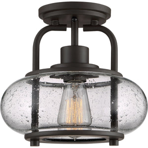 Urban Ambiance's UQL3271 Utilitarian Ceiling Light from the Clearwater Collection features an oversized clear seedy glass shade with bubbles, a vintage-style exposed bulb, and a dark bronze finish. It measures 9.28