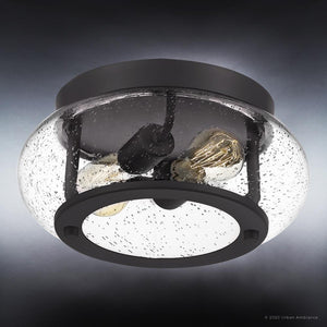 The Urban Ambiance UQL3291 Utilitarian Ceiling Light from the Clearwater Collection, with a dark bronze finish and clear textured glass, features vintage-inspired bulbs, blending timeless elegance and modernity. Dimensions: 5.75