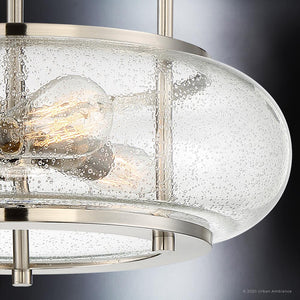 Close-up of the Urban Ambiance UQL3310 Utilitarian Ceiling Light from the Clearwater Collection, featuring a brushed nickel finish and visible bulbs inside a clear, textured glass shade—blending modern style with timeless elegance. Measures 12″H x 16″W.