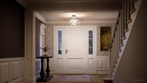 A well-lit entryway featuring a white front door, patterned wallpaper, a table with a vase on the left, a painting on the wall, and stairs on the right is illuminated by the Urban Ambiance UQL3310 Utilitarian Ceiling Light from the Clearwater Collection (12″H x 16″W, Brushed Nickel Finish), adding an airy touch to the space.