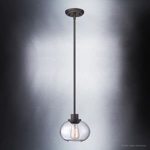 Enhance your space with the Urban Ambiance UQL3321 Utilitarian Pendant Light from the Clearwater Collection. It features vintage-inspired bulbs, a clear seedy glass shade, and a metallic rod in dark bronze finish for timeless charm.