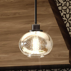 A unique UQL3321 Utilitarian Pendant Light, 7.5"H x 8"W, Black Bronze Finish, Clearwater Collection luxury lighting fixture with a glass globe hanging from it