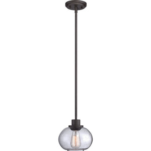 The UQL3321 Utilitarian Pendant Light from Urban Ambiance's Clearwater Collection features a round, clear glass shade and a dark bronze metal fixture. Its vintage-inspired bulb adds charm to any room. Measuring 7.5