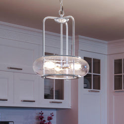 A modern kitchen with a unique UQL3340 Utilitarian Chandelier, 20"H x 16"W, Brushed Nickel Finish, Clearwater Collection by Urban Ambiance.