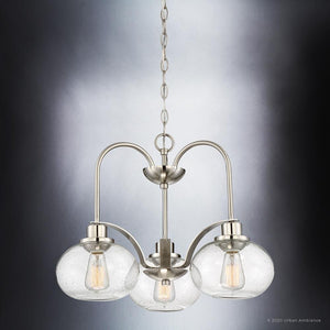 Three Urban Ambiance UQL3350 Utilitarian Chandelier with clear glass globes.