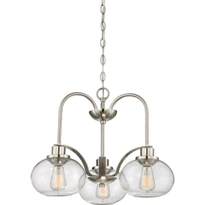 Three UQL3350 Utilitarian Chandeliers with clear glass globes that are gorgeous and luxurious.