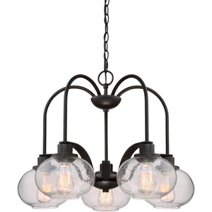 The UQL3361 Utilitarian Chandelier by Urban Ambiance in the Clearwater Collection features six clear glass globes, a dark bronze finish, and vintage-inspired bulbs. Measuring 19
