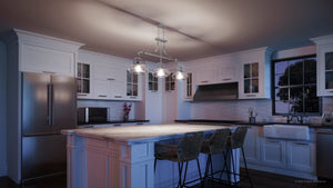 A unique luxury lamp depicting the UQL3380 Utilitarian Chandelier from the Clearwater Collection by Urban Ambiance in a kitchen at night.
