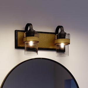 A gorgeous Urban Ambiance bathroom vanity with the UQL3442 Beautiful Bath Vanity Light, 8.75"H x 16"W, Textured Gold Finish from the Boulder Collection and two