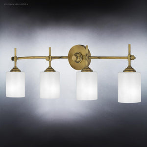 Four gorgeous UQL3490 Mid-Century Modern Bath Vanity Light fixtures with frosted glass shades.