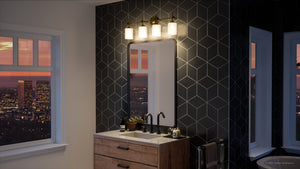 An Urban Ambiance bathroom with a beautiful view of a city, featuring the UQL3490 Mid-Century Modern Bath Vanity Light.