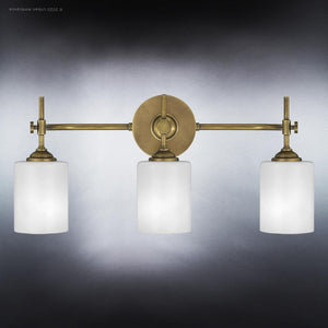 Three UQL3491 Mid-Century Modern Bath Vanity Lights with unique frosted glass shades.