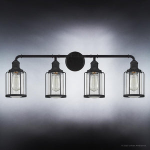 Urban Ambiance's UQL3500 Industrial Chic Bath Vanity Light from their Hillsboro Collection is a unique and gorgeous four light bathroom fixture with glass shades.