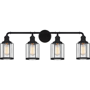 Four beautiful UQL3500 Industrial Chic Bath Vanity Lights in black with clear glass, from the Urban Ambiance Hillsboro Collection.
