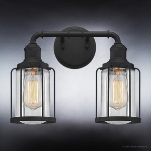An Industrial Chic Bath Vanity Light from their Hillsboro Collection, measuring 12