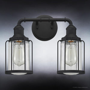 An Urban Ambiance UQL3502 Industrial Chic Bath Vanity Light, a beautiful bath vanity light with a Natural Black Finish and two clear glass bulbs.