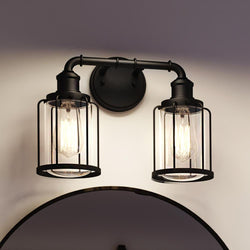 An Urban Ambiance bathroom with two gorgeous UQL3502 Industrial Chic Bath Vanity Lights hanging over a mirror.