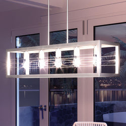 A beautiful and unique lighting fixture, the Urban Ambiance UQL3560 Mid-Century Modern Chandelier adds an aged nickel finish to the Livonia Collection in a dining room.
