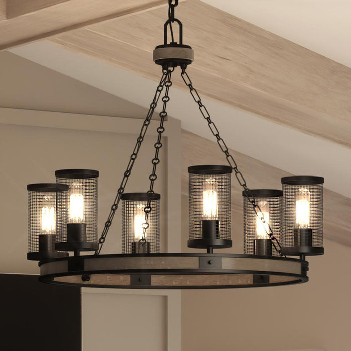 UQL3621 Rustic Chandelier, 24.5"H x 26"W, Matte Black Finish, Lynn Collection