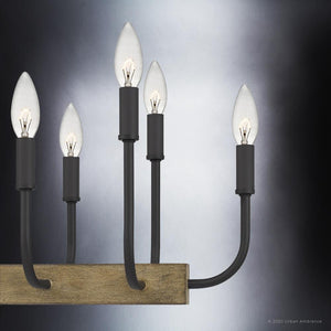 An Urban Ambiance UQL3630 Modern Farmhouse Chandelier featuring five candles on a wooden base, combining elegance and rustic charm.
