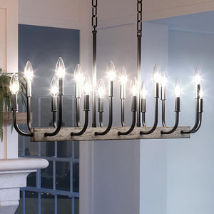 A unique and beautiful UQL3630 Modern Farmhouse Chandelier, 13"H x 39"W, with a Matte Black Finish from the Redding Collection by Urban Ambiance hanging over a fireplace