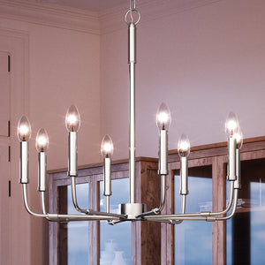 A unique lighting fixture, the UQL3807 Modern Farmhouse Chandelier features a polished chrome finish and six hanging candles.