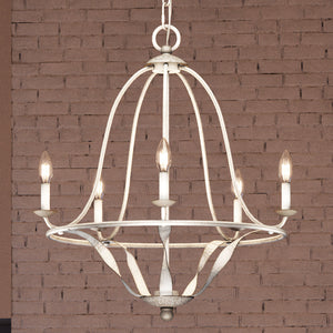 A luxury lighting fixture, the Urban Ambiance UQL3993 Provincial Chandelier 24''H x 25''W, with a burnished white finish from the Allerton Collection hangs on a