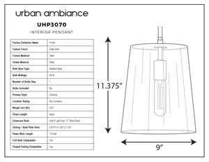 A diagram showcasing the dimensions of the luxurious UHP3070 Colonial Pendant Light, a gorgeous lighting fixture from the Tustin Collection by Urban Ambiance.