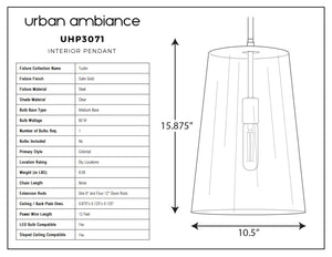 A diagram showcasing the dimensions of the unique UHP3071 Colonial Pendant Light from the luxury Tustin Collection by Urban Ambiance.