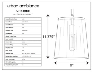 A diagram displaying the dimensions of the UHP3080 Colonial Pendant Light from the Tustin Collection by Urban Ambiance, featuring a Brushed Nickel Finish.