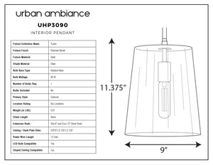 A diagram displaying the dimensions of the UHP3090 Colonial Pendant Light, 11.375