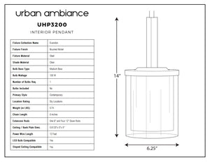 A diagram showing the dimensions of the unique UHP3200 Contemporary Pendant Light lamp by Urban Ambiance.