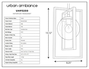 A diagram showing the dimensions and unique design of the UHP3250 Minimalist Pendant Light, 13.125