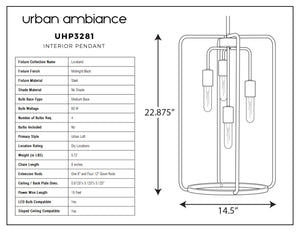 A unique and luxury lighting fixture, the UHP3281 Urban Loft Pendant Light showcases its dimensions of 22.875