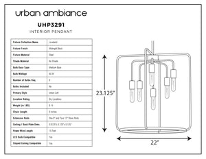 A unique diagram showing the dimensions of the UHP3291 Urban Loft Pendant Light, 23.125