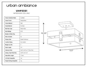 A diagram showing the dimensions of a beautiful UHP3351 Modern Farmhouse Ceiling Light, Midnight Black Finish.