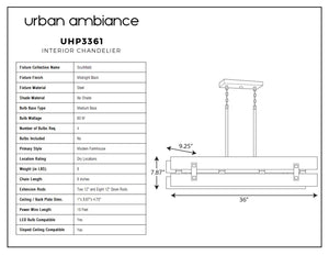 A beautiful diagram showing the dimensions of the UHP3361 Modern Farmhouse Chandelier.