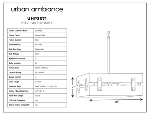 A unique diagram showcasing the dimensions of the beautiful Urban Ambiance UHP3371 Modern Farmhouse Pendant Light, Midnight Black Finish, Southfield Collection.