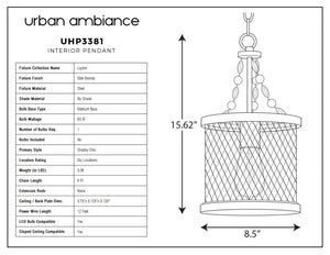 A diagram displaying the dimensions of the UHP3381 Provincial Pendant Light from Urban Ambiance's Layton Collection, measuring 15.625