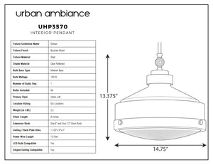 A diagram showing the beautiful dimensions of the UHP3570 Urban Loft Pendant Light, 13.375