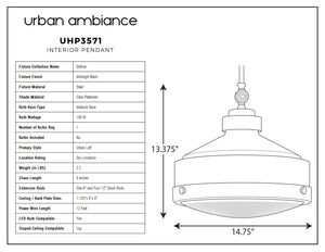 A diagram displaying the dimensions of an Urban Ambiance UHP3571 Urban Loft Pendant Light, 13.375