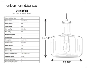 A diagram showing the dimensions of a UHP3720 Industrial Chic Pendant Light, 14