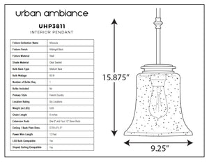 A diagram showcasing the unique dimensions of the UHP3811 French Country Pendant Light, Midnight Black Finish.